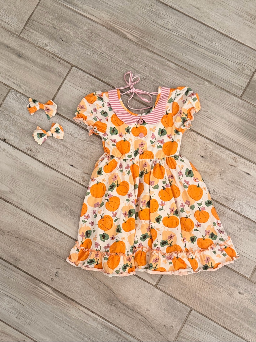 SweetHoney Orange Pumpkin Print Dress with Pink Trim and Matching Bows